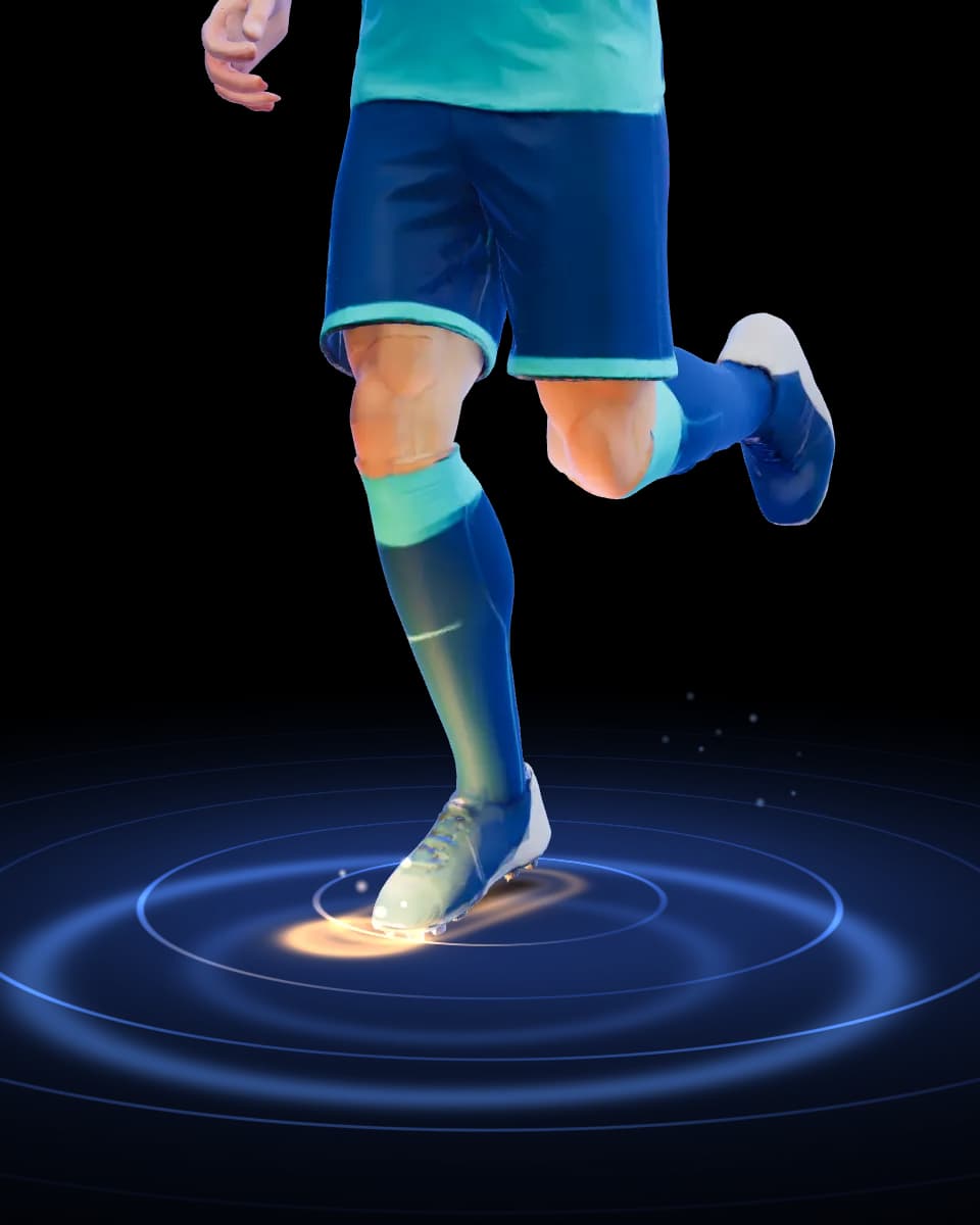 A runner's legs in football boots: every footfall lights up the pressure under the foot from heel to toe, with live ground-contact data alongside